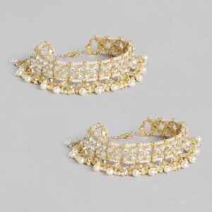 Gold-Plated White Kundan Bridal Anklet/ Payal set of 2 with pearls and beads for women