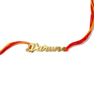 18K Gold Plated Personalised Name Rakhi With Yellow and Red Thread and Kumkum Chawal