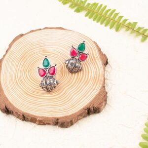 Ruby and Emerald Studded Oxidized Stud Earrings