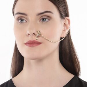 Gold-Plated and Red Vilandi Kundan Stone and Pearl-Studded Chained Nose Ring