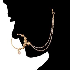 Gold Plated Statement Nose Ring with Two Layer Pearl Chain for Women