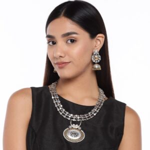 High Quality Stones Studded Dual Toned Oxidized Necklace Set with Jhumka Earrings