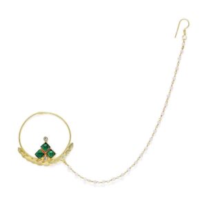 Gold Plated Emerald Stone Contemporary Nose Ring  with Chain for Women