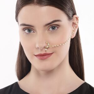 Gold-Plated Vilandi Kundan Stone and Pearl-Studded Chained Nose Ring