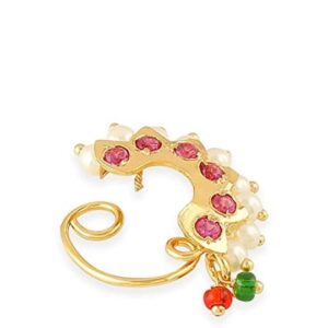 Gold-Plated Kundan-Studded & Beaded Floral Designed Clip-On Nath