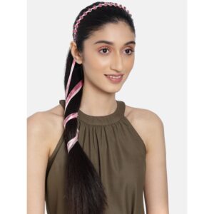 2 in 1 Pink Crystal Beads Hair Band and Satin Sash Hair Tie for Women