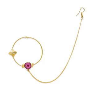 Gold Plated Pink Agate Stone Nose Ring with Chain for Women