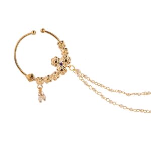 Gold Plated Statement Nose Ring with Pearl Chain for Women