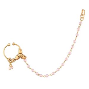 Gold Plated Floral Nose Ring with Pearl Chain for Women