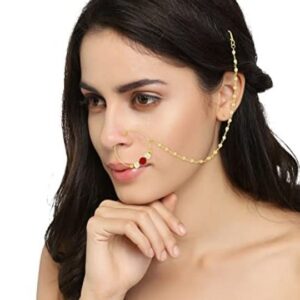 Gold-Plated Kundan Studded & Beaded Chained Nose Ring