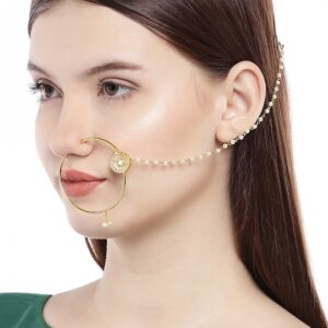 Gold-Plated Embellished Nose Ring with Chain