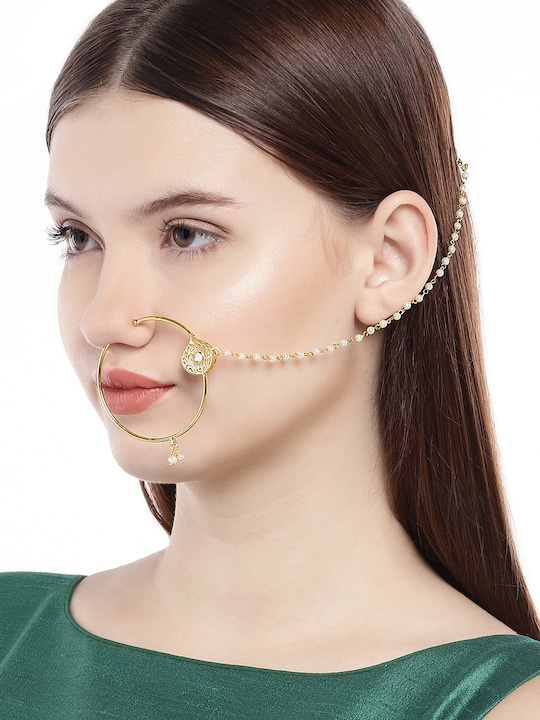 Gold-Plated Embellished Nose Ring with Chain-1