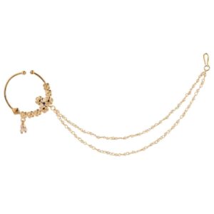 Gold Plated Statement Nose Ring with Pearl Chain for Women