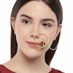 Gold Plated Ruby Stone Contemporary Nose Ring with Chain for Women