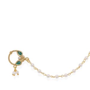Gold-Plated and Green Vilandi Kundan Stone and Pearl-Studded Chained Nose Ring