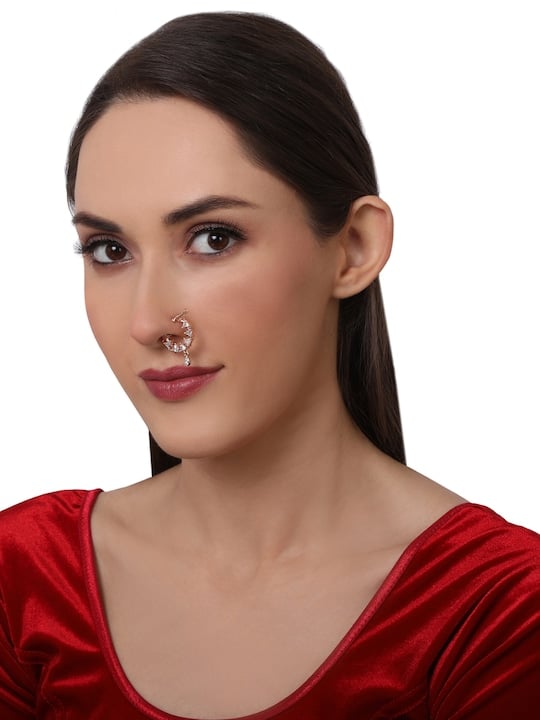 White 14kt Rose Gold Plated AD Studded Handcrafted Nose Ring-2