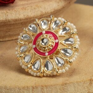 Gold-Plated White Kundan-Studded & Pearl Beaded Adjustable Finger Ring