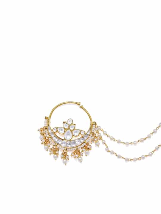 Gold-Toned Handcrafted Jadau Pachi Kundan Gold Bridal Nose Ring-1
