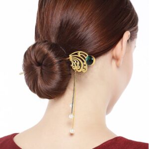 Matt Gold Finish Hair Stick Embellished with Pearls and Green Stone for Women