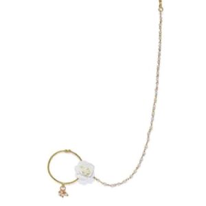 Gold-Plated & White Stone-Studded Pearl Beaded Enameled Chained Nose Ring