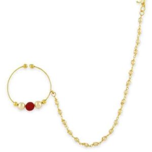 Gold-Plated Kundan Studded & Beaded Chained Nose Ring
