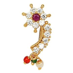 Gold-Plated Stone Studded & Beaded Floral Design Nose Pin