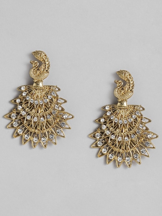 Traditional Gold Finish Peacock Studded Dangle Earrings