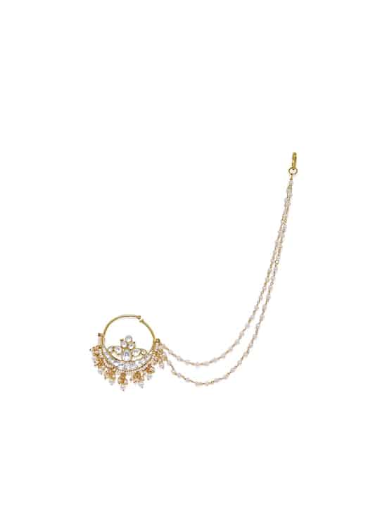 Gold-Toned Handcrafted Jadau Pachi Kundan Gold Bridal Nose Ring-2