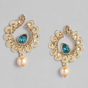 Gold-Toned & Blue Handcrafted Kundan Studded Classic Drop Earrings