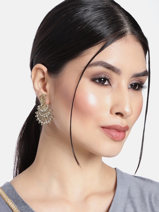 Traditional Gold Finish Peacock Studded Dangle Earrings