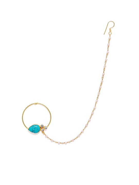 Gold-Toned & Blue Nose Ring With Chain-1