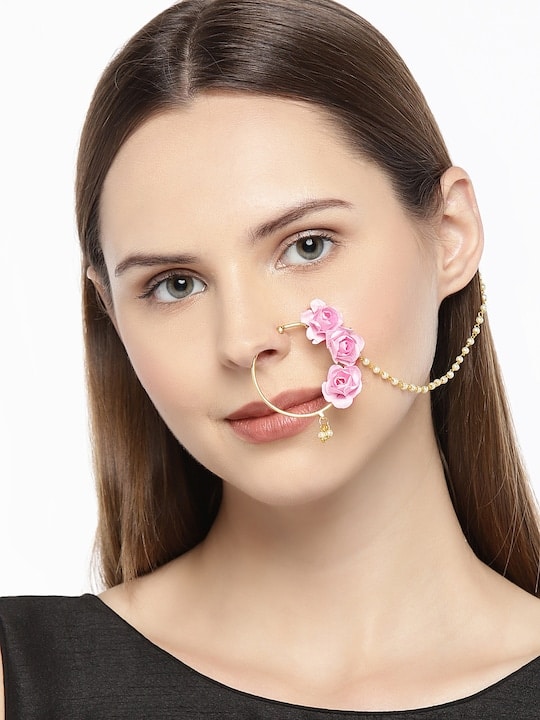 Gold-Plated Handcrafted Enamelled Chained Nose Ring-3