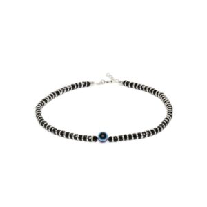 92.5 Sterling Silver Black Beads and Evil Eye Beds Embellished Delicate Anklet for Women