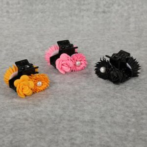 Acrylic Yellow, Pink Black Fabric-Rose Handcrafted Hair Cluthers Pack Of 3 for women