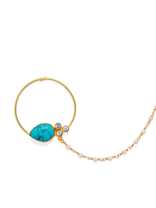 Gold-Toned & Blue Nose Ring With Chain-3