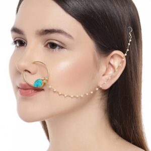 Gold-Toned & Blue Nose Ring With Chain