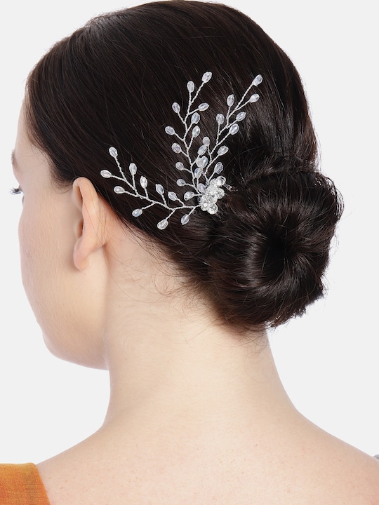 Silver Plated Crystal Beads Embellished Hair Comb Pin