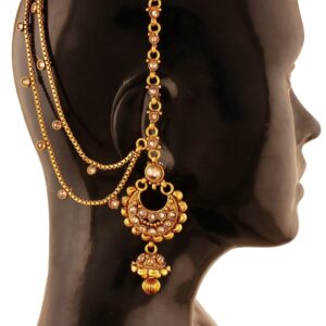 Copper Antique Gold Chandbali Earrings With Hair Chain