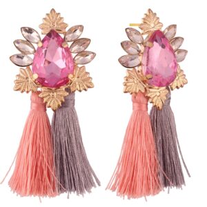 stylish pastel pink and grey long tassel earrings