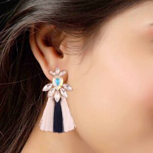 stylish monochrome milky white crystals with tassel earrings