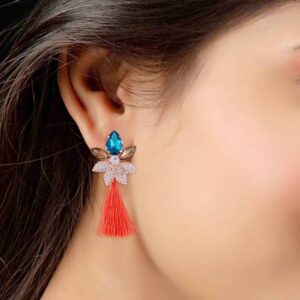Bright orange and blue tassel earrings with crystals