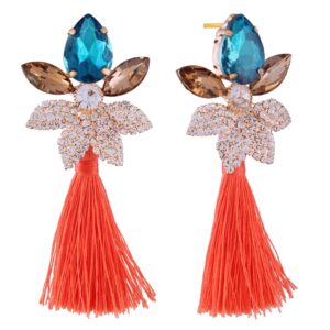 Bright orange and blue tassel earrings with crystals