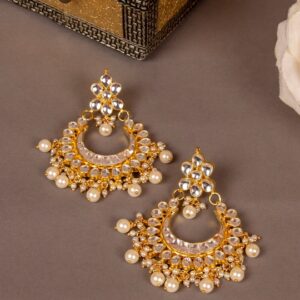 Gold-Plated Traditional Jadau Kundan Drop Earrings with Pearl