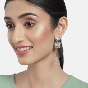 White Gold-Plated AD Studded Square Drop Earrings