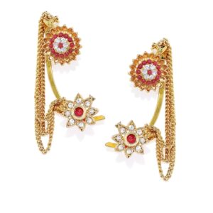 Gold-Toned & Red Floral Drop Earrings