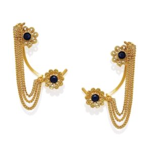 Traditional Floral Gold Plated Black Stone Ear Cuffs for Women