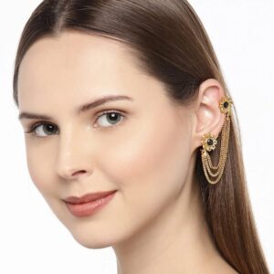 Traditional Floral Gold Plated Black Stone Ear Cuffs for Women
