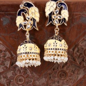 Gold-Plated & Blue Handcrafted Enamelled Kundan & Pearls Studded Jhumkas