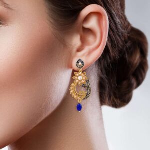Antique Gold plated, Blue Enamel dangle earrings