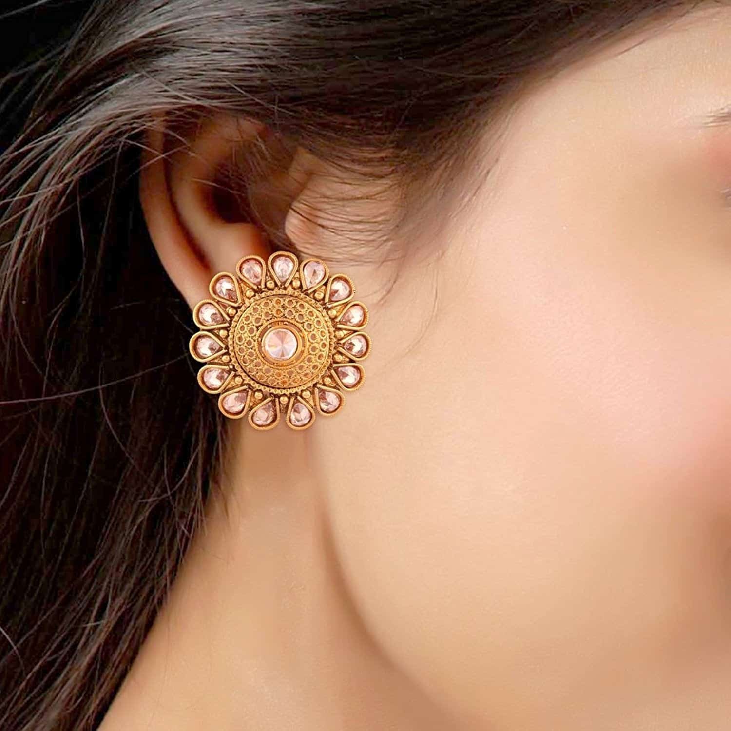 ER0417JS591STG -AccessHer Indian Traditional Antique Gold Rajwadi Kundan Stud Earrings - access-her